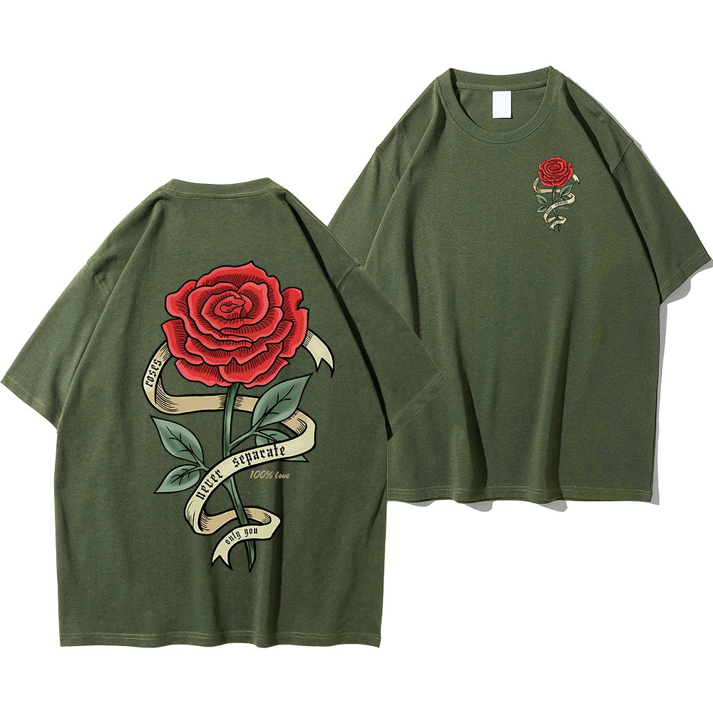 White cotton graphic tee with bold red rose banner back print, regular fit edgy casual style