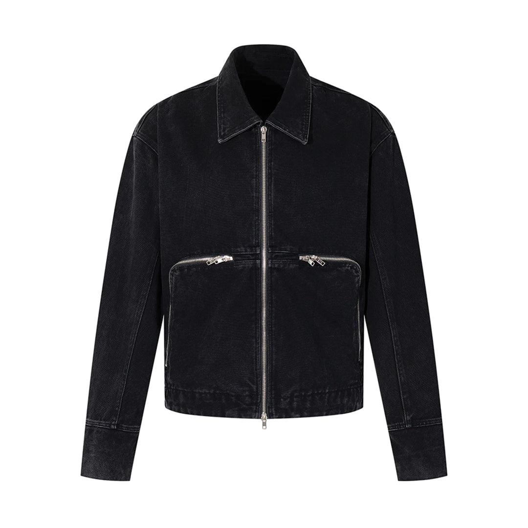 Men's blue denim moto jacket with zipper closure and dual zippered pockets, clean sharp silhouette