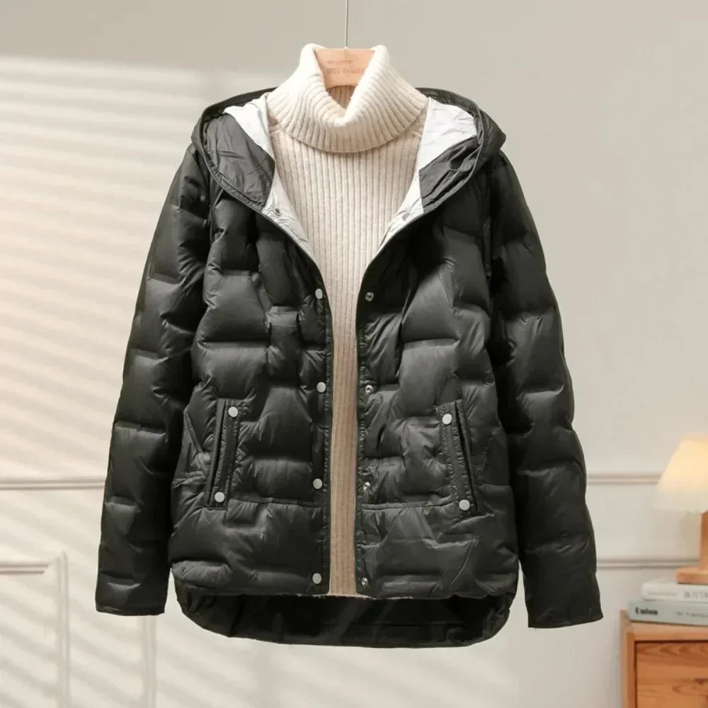 Women's quilted puffer coat lightweight duck down fill elegant silhouette cold-weather jacket