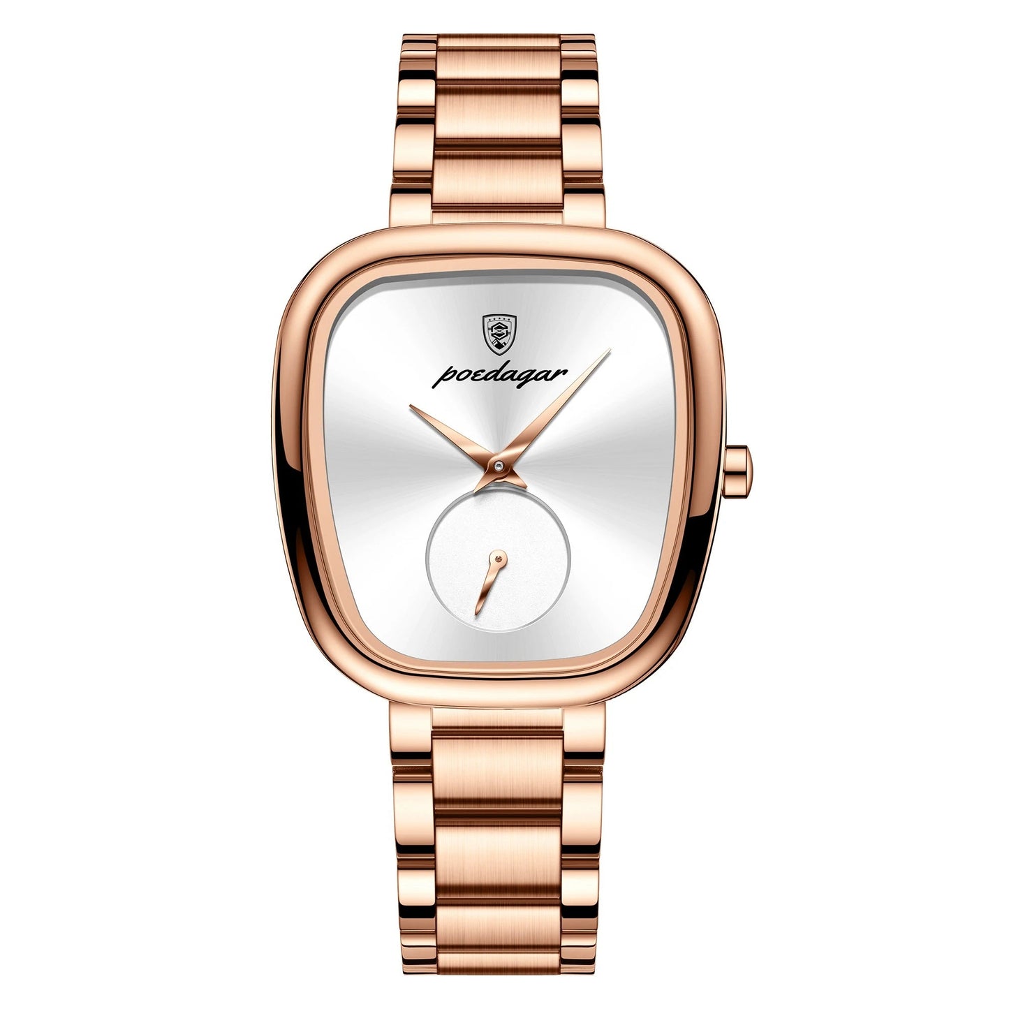 Poedagar women's rose quartz square dial stainless steel watch with elegant sub-dial detail
