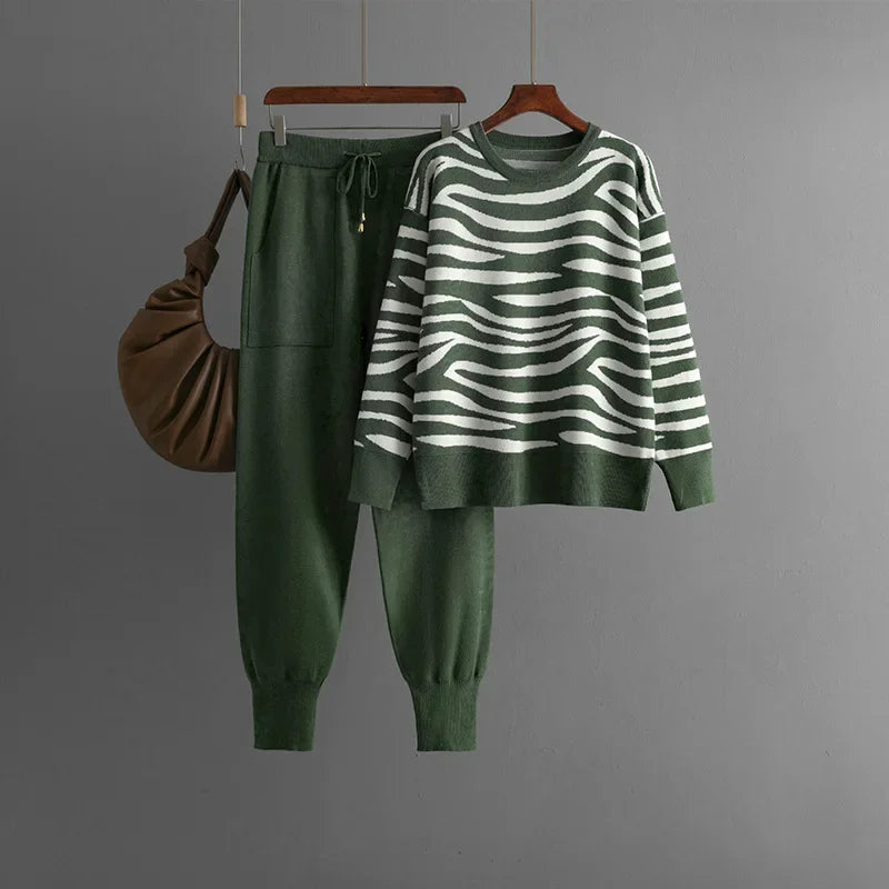 Women's black white zebra print knit jogger lounge set relaxed fit soft breathable sweater matching pants