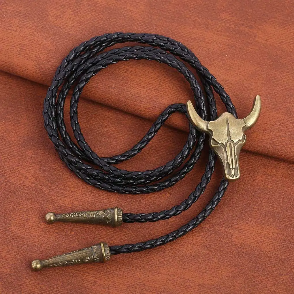 Western bolo tie sculpted longhorn skull centerpiece engraved tips braided faux leather adjustable cord