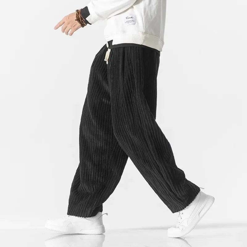 Men's black oversized harem pants ribbed texture drawstring waist relaxed casual fit