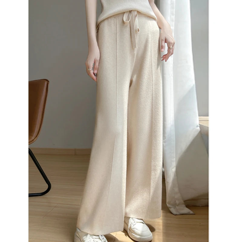 Women's cashmere blend wide leg pants relaxed high waist fit in neutral cozy luxe style