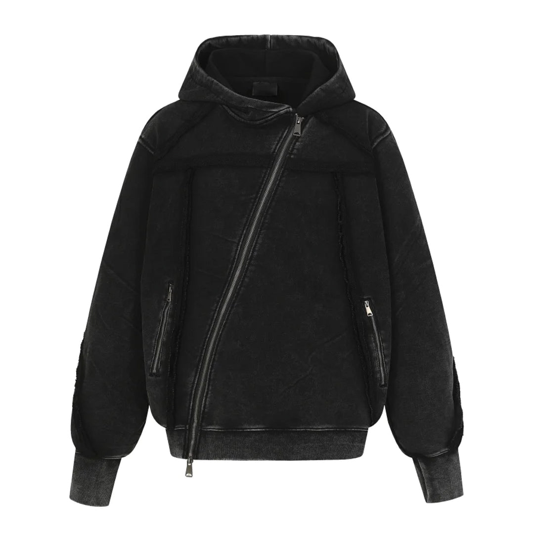 Unisex washed cotton hoodie distressed finish angled zipper raw seams relaxed fit casual streetwear
