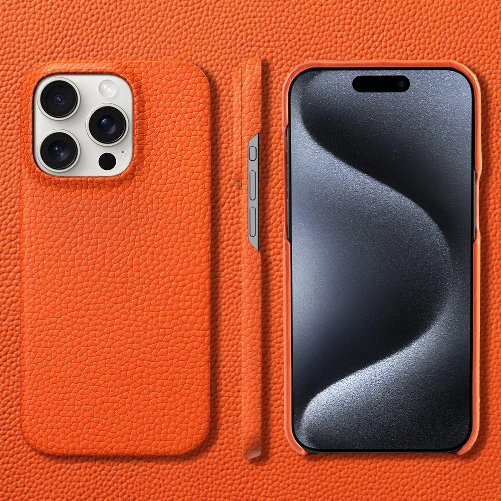 Executive genuine leather iPhone case with raised edge lens protection, slim professional design