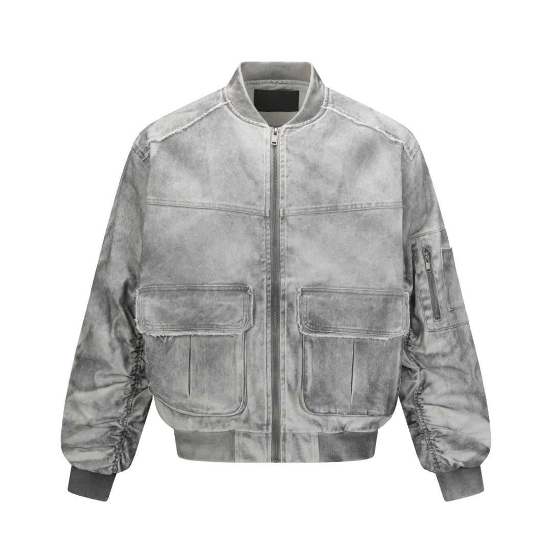 Men's washed cotton cargo jacket, relaxed fit, pleated sleeves, patch pockets, rugged utility style