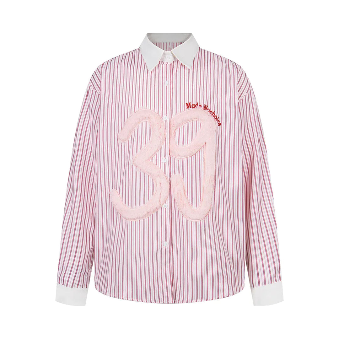 Men's striped cotton loose fit shirt white contrast cuffs turn-down collar brushed 39 chest patch