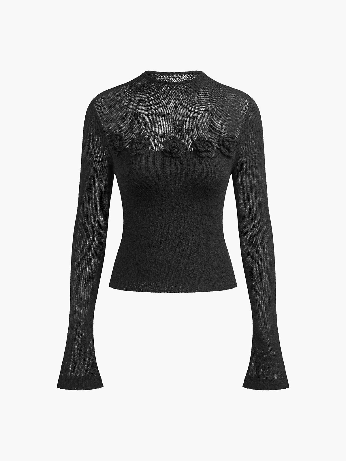 Slim fit wool blend knit top with 3D floral jacquard panel, elegant textured design for women