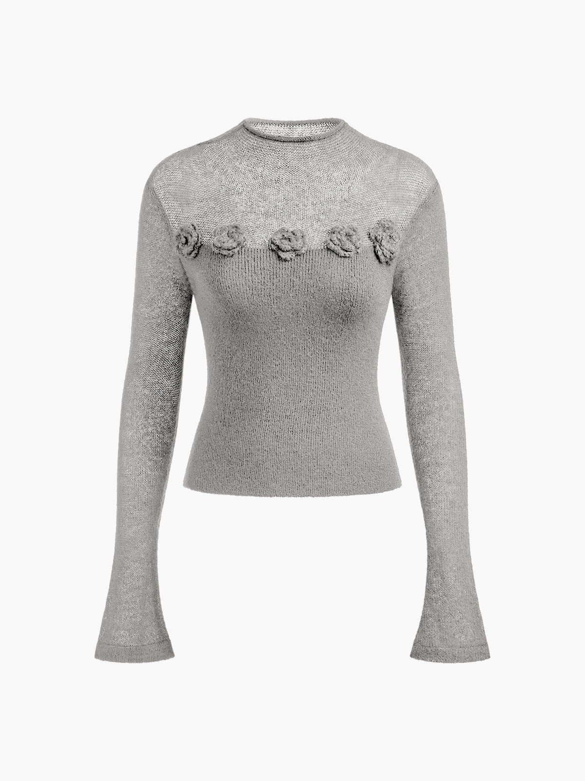 Slim fit women's wool blend knit top with 3D floral jacquard panel in elegant textured design