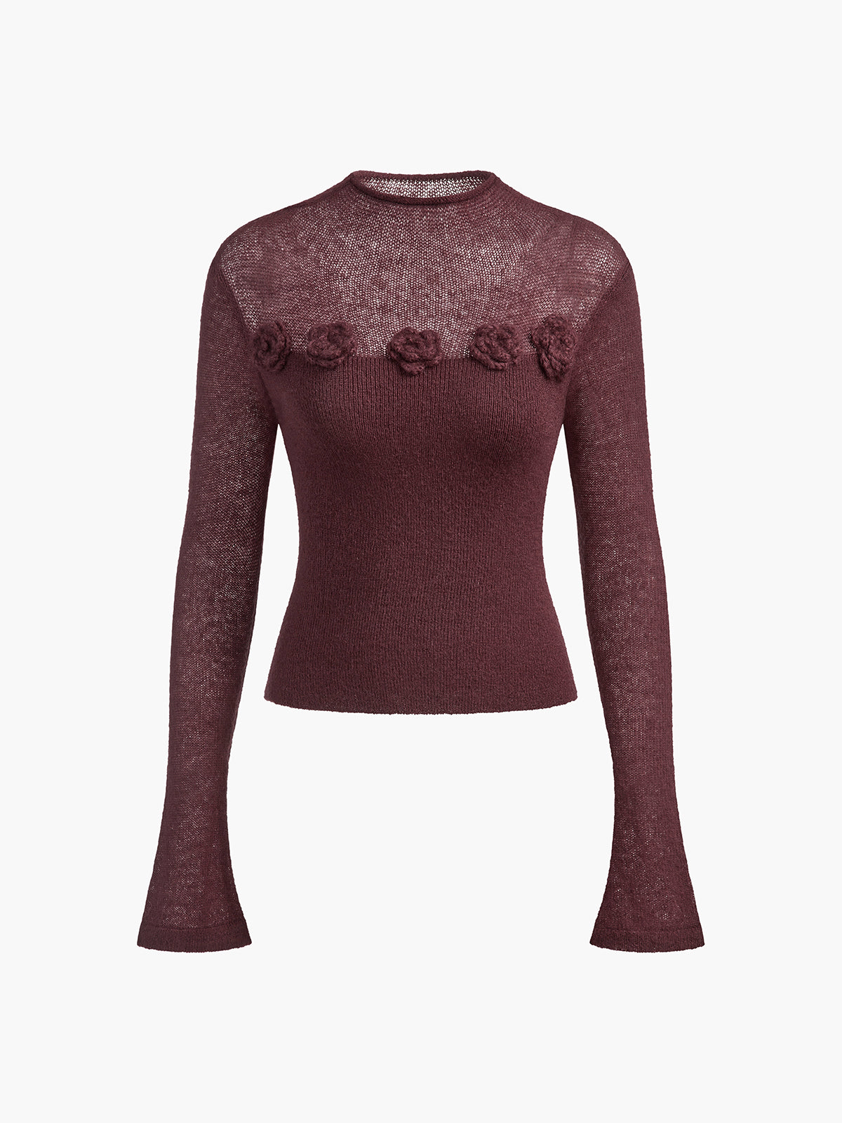 Slim fit wool blend knit top with 3D floral jacquard panel, elegant textured design for women