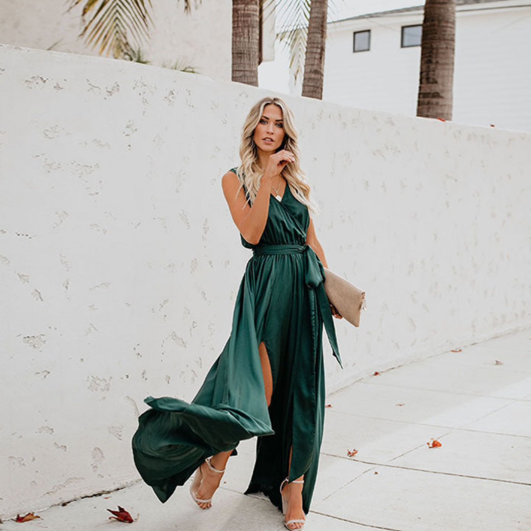 Ilona elegant long dress with side slit and adjustable belt, chic modern evening gown for women
