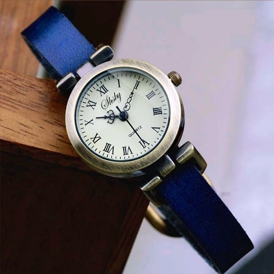 Evelyn vintage quartz watch stainless steel case brown leather strap retro Roman numeral dial