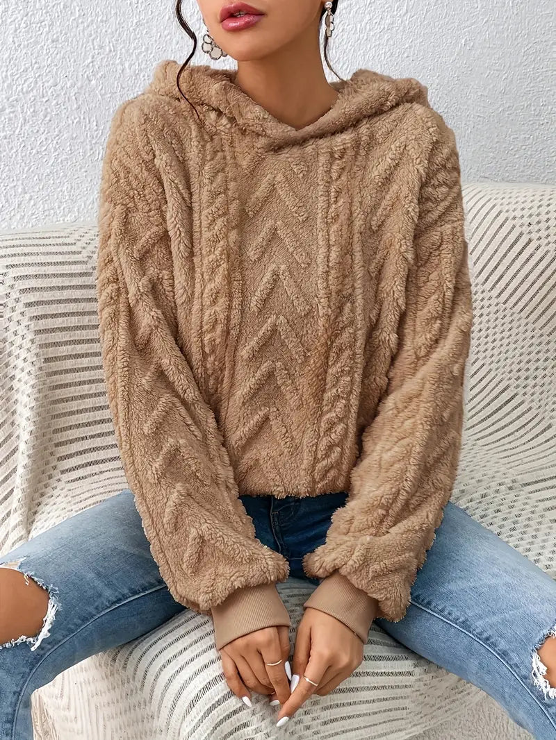 Women's oversized plush knit pullover hoodie in cozy fleece with cable-knit texture for loungewear