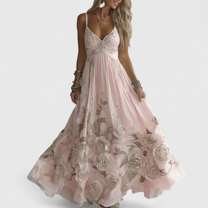 Floral embellished maxi gown flowing romantic silhouette elegant evening dress delicate floral details