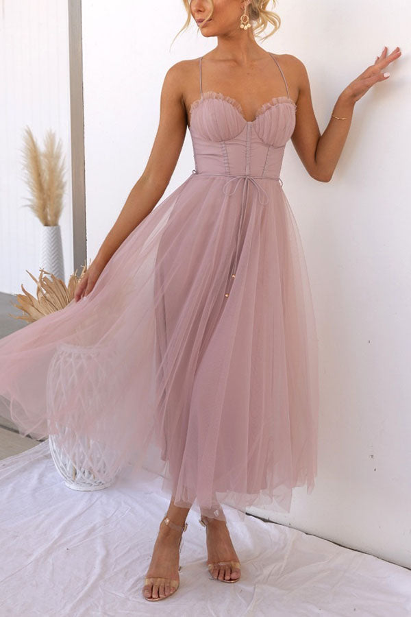 Blush tulle midi dress A-line silhouette sheer overlay elegant spring wedding style