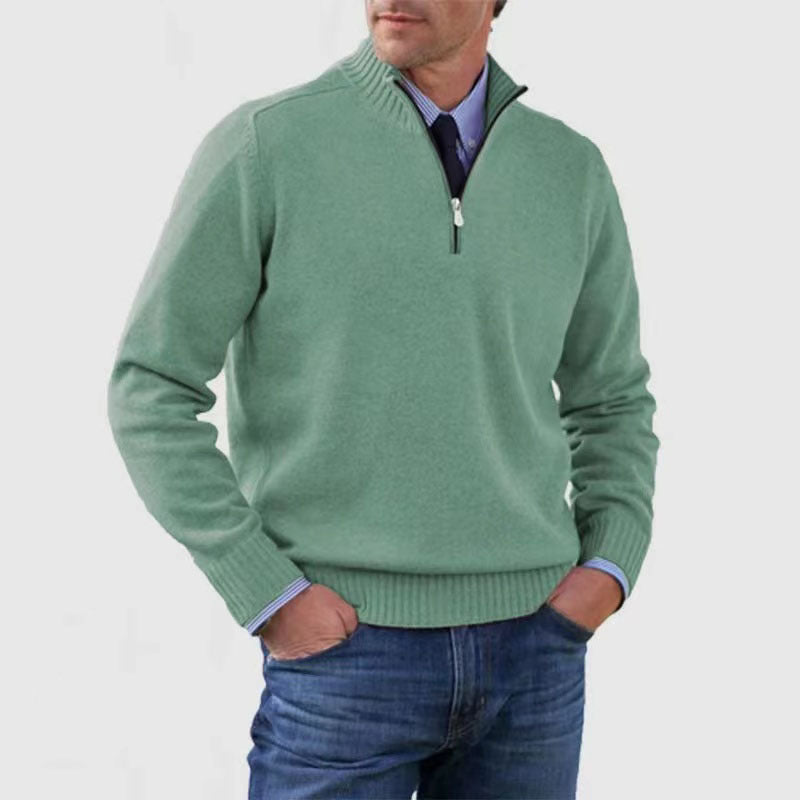 Men's cotton blend mock neck zip sweater in warm neutral tones, slim-fit knit for elegant office wear
