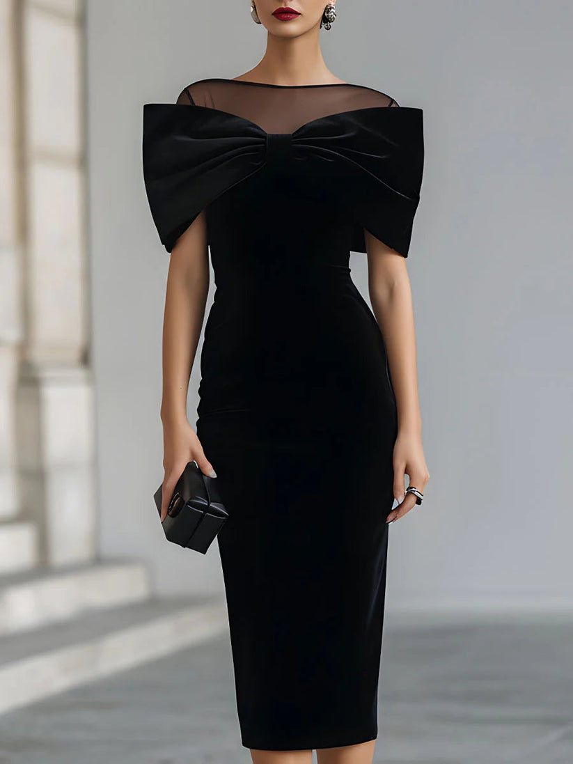 Velvet Bow Midi Dress For Women Dramatic Black Evening Gown With Sheer ...