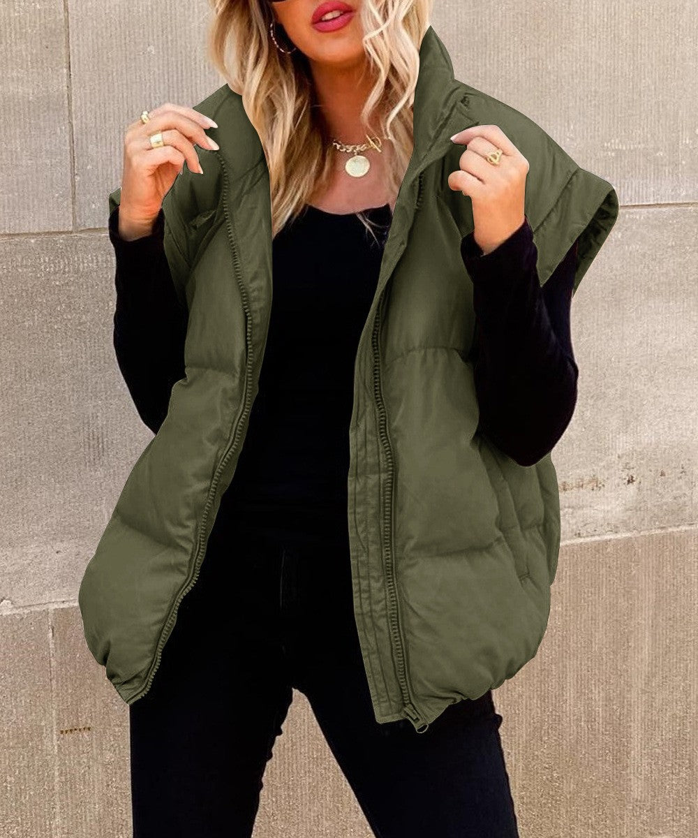 Women's padded quilted vest high collar zipper relaxed fit layering casual warmth streetwear style