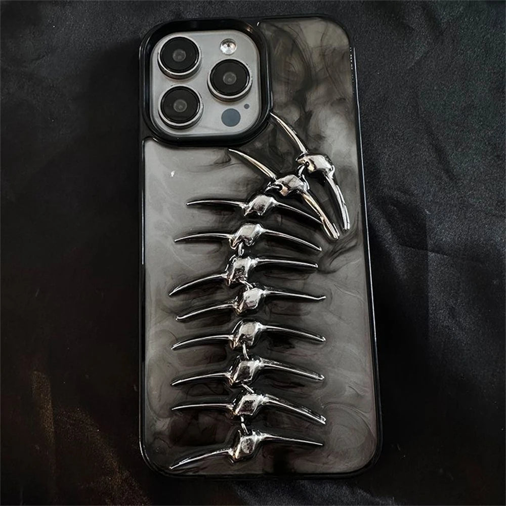 Metallic fishbone 3D textured iPhone case in silver with bold spine design and superior grip