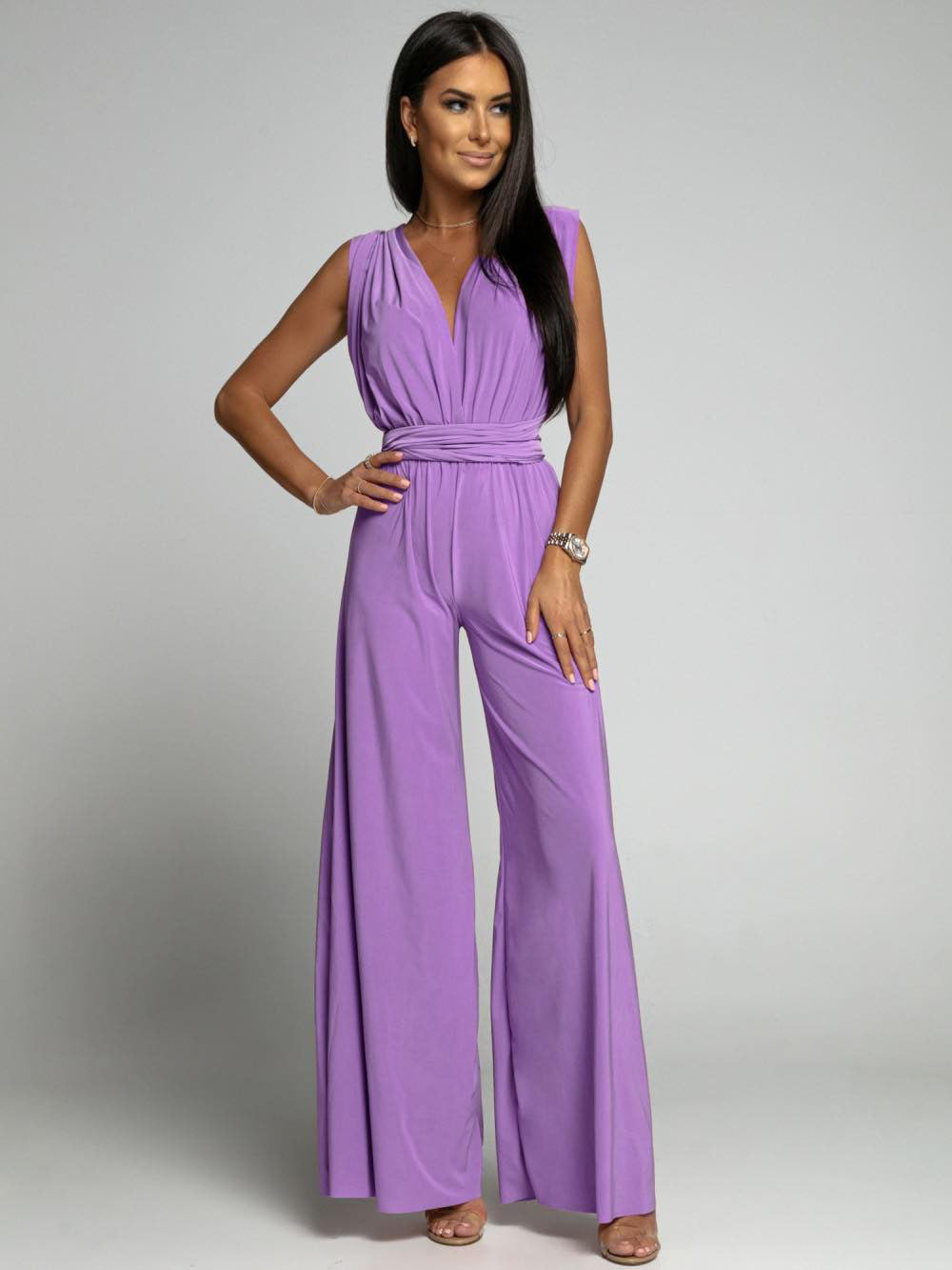 Black sleeveless backless deep V-neck jumpsuit elegant evening wear glamorous occasion