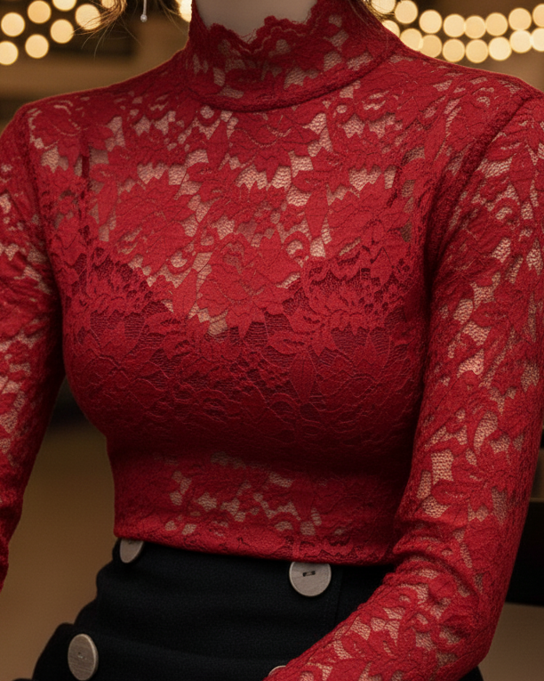 Women's white lace high-neck blouse elegant lightweight spring top with delicate texture