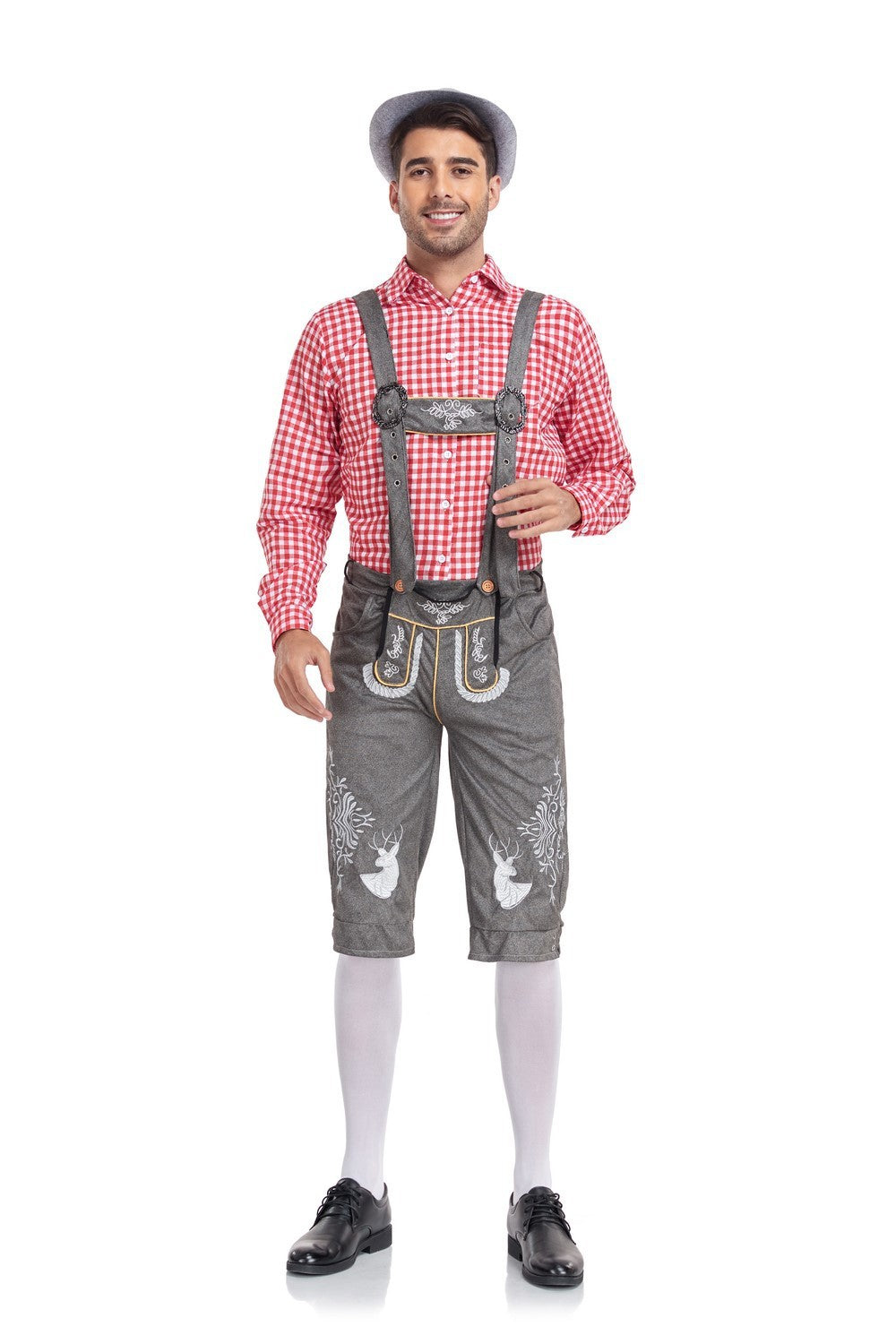 Men's traditional Oktoberfest lederhosen costume set with suspenders, authentic Bavarian style, green blue red