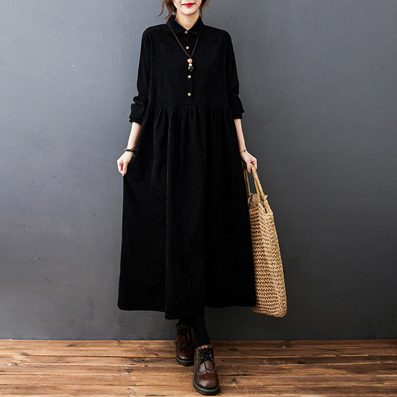 Women's corduroy maxi dress with shirt collar, button placket, loose silhouette, textured warm fabric
