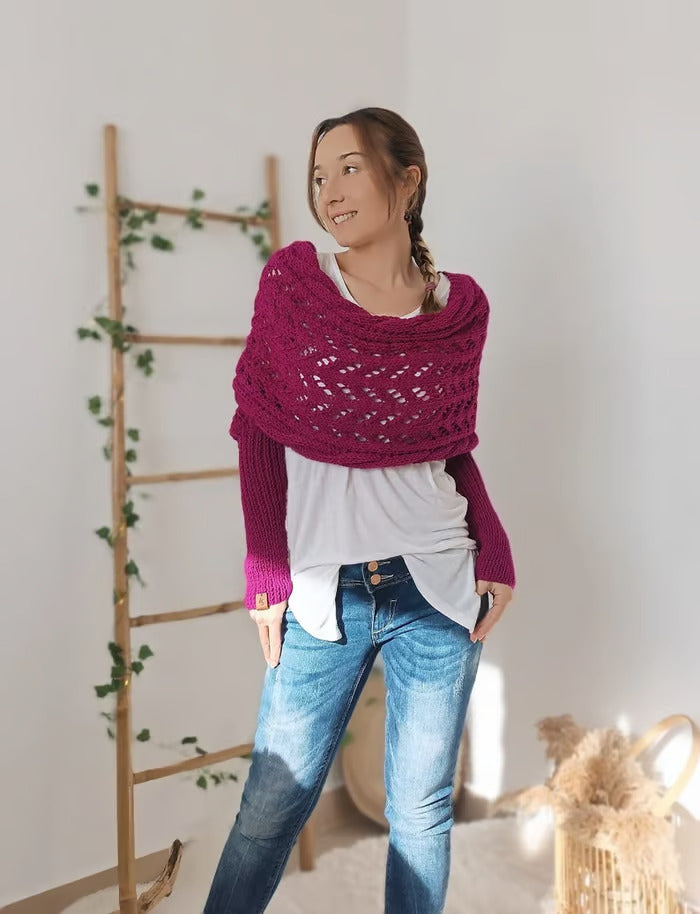 Cozy bohemian knit scarf for women, neutral wrap with textured yarn and draped silhouette