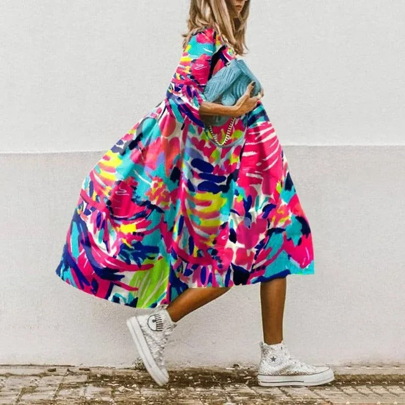 Women's flowing floral dress elegant flared silhouette puff three-quarter sleeves sunny chic style