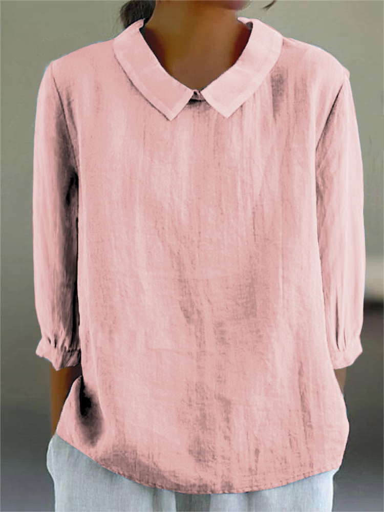 Women's cotton linen three-quarter sleeve shirt, relaxed fit, turn-down collar, casual retro style