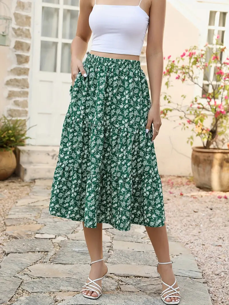 Women's vibrant floral print flared A-line skirt with pockets, spring fashion essential