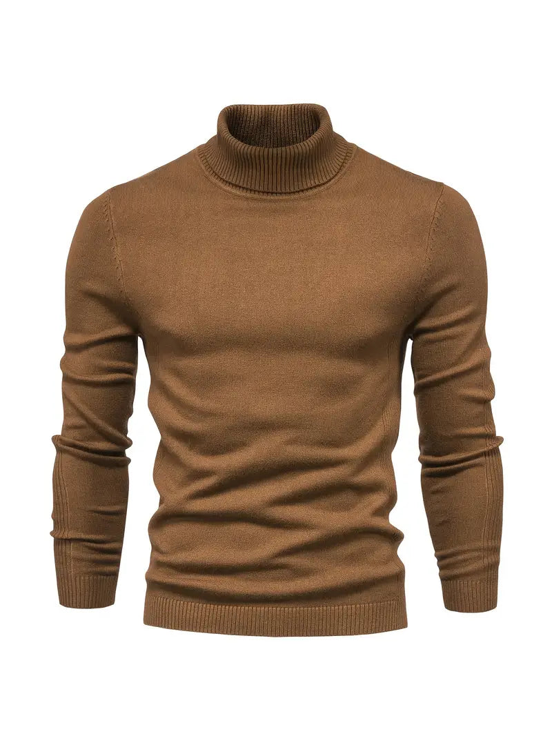 Men's slim-fit turtleneck sweater with high neck collar, long sleeves, ideal for layering
