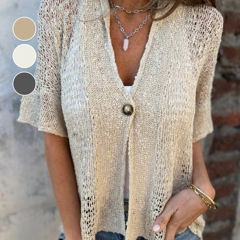 Paloma soft cotton jersey V-neck blouse short sleeves subtle button detail office-ready