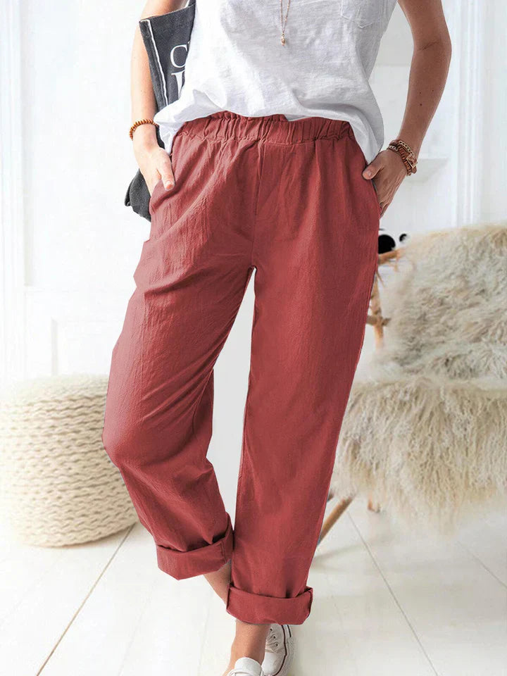 Unisex beige linen trousers relaxed fit elastic waistband breathable casual comfort