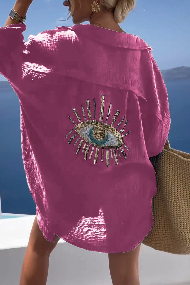 Women's white cotton casual sequin beaded shirt with sparkling embellishments and relaxed everyday fit