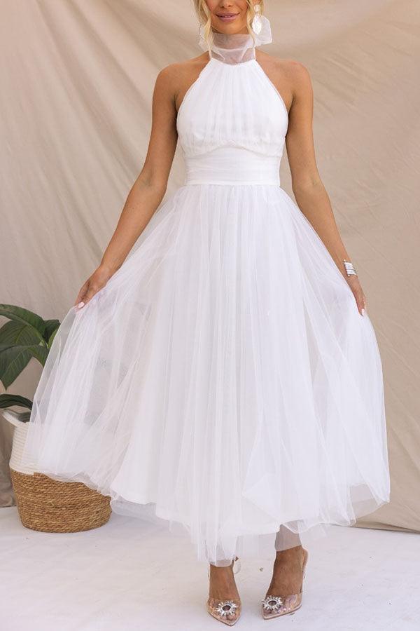 Fairy Vibes tulle halter maxi dress ankle-length gathered silhouette with adjustable neckline party wear