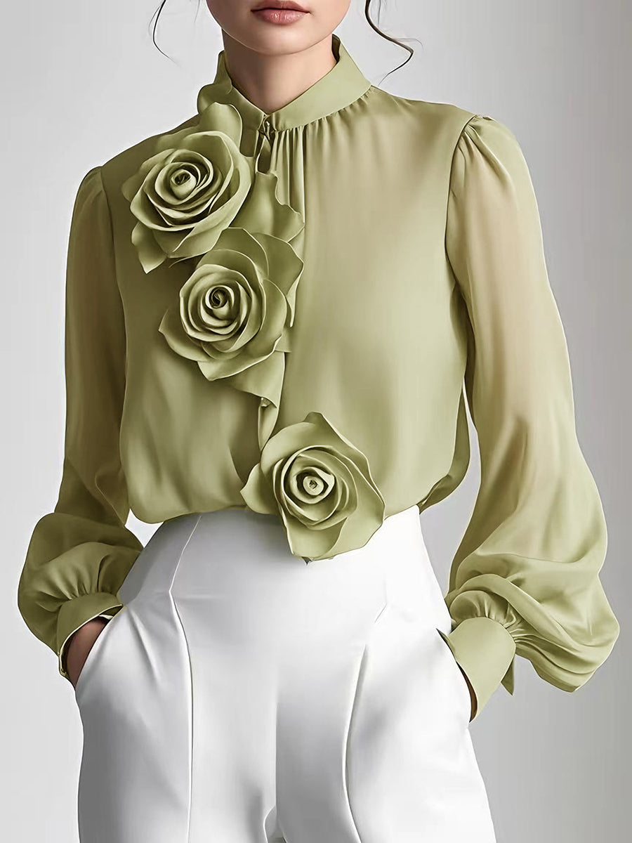 Pink sheer elegant blouse high collar with 3D floral appliqués dimensional tactile detail women top