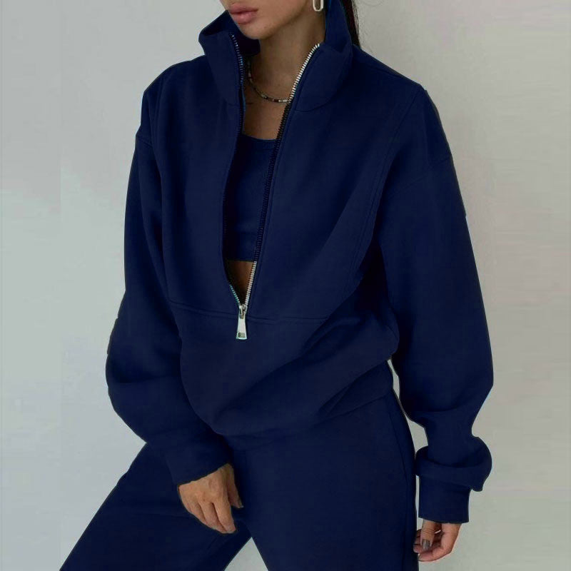 Women's slim fit zip neck sweatshirt and pants 2-piece set in sporty elegant style with stretch