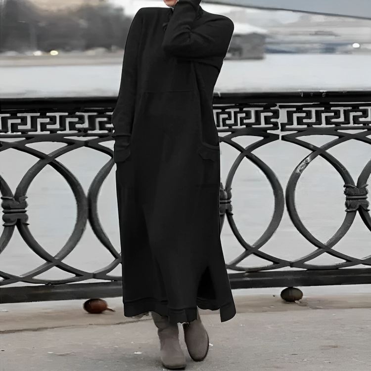 Women's black long sleeve knit maxi dress relaxed silhouette high neckline side slit pockets