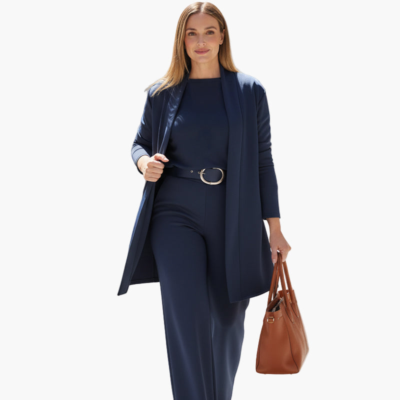 Women's 3-piece business suit black tailored blazer coordinated top trousers with belt office wear