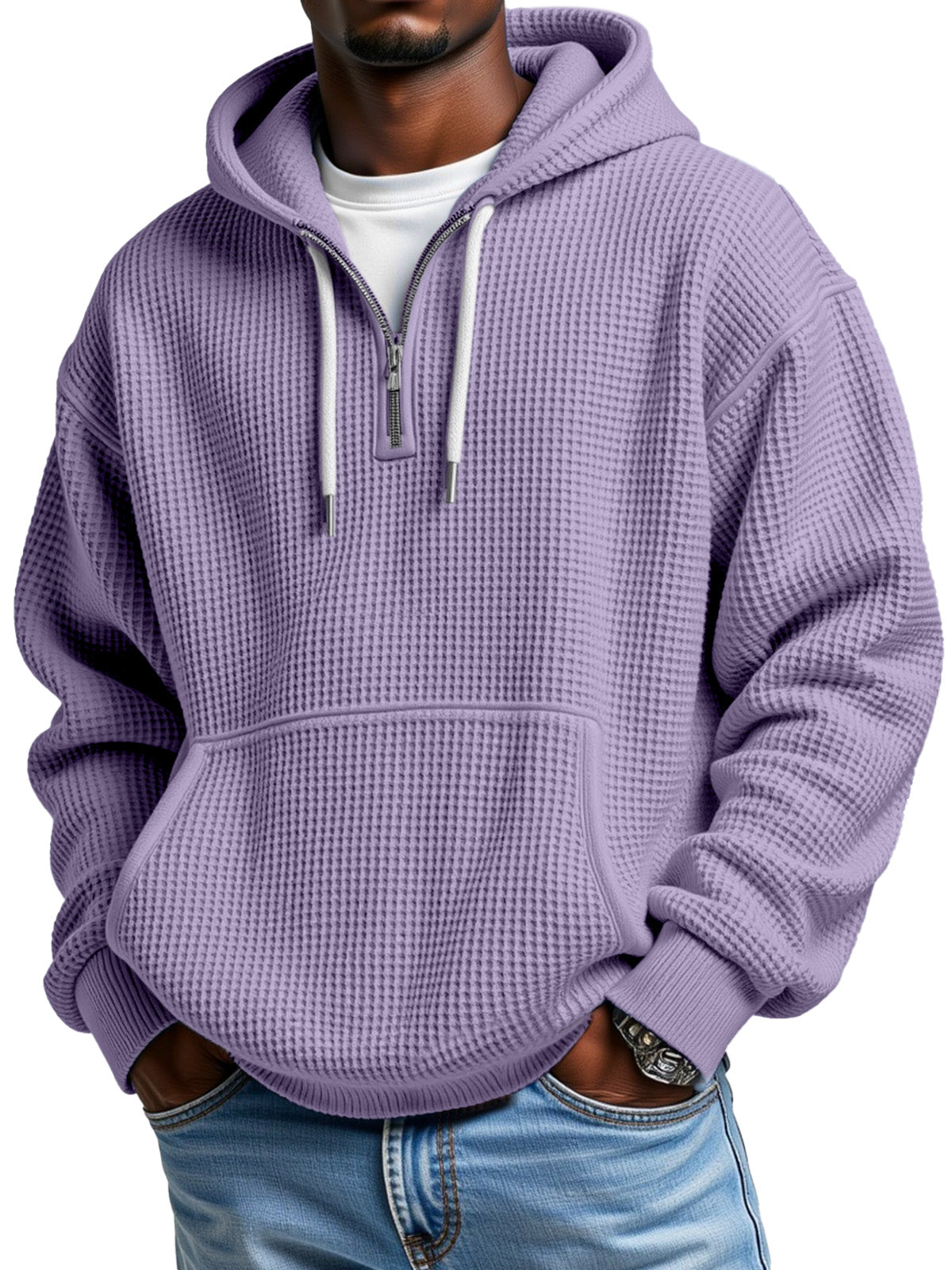Men's winter hoodie half-zip with hood, waffle texture, front pocket, everyday comfort fit