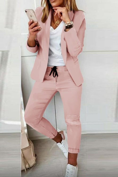 Women's casual cotton-blend blazer and elastic-waist pants suit set in neutral tones, plus size available