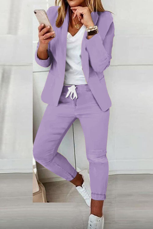 Women's cotton-blend blazer and elastic-waist trousers suit set, polished casual style up to 3XL