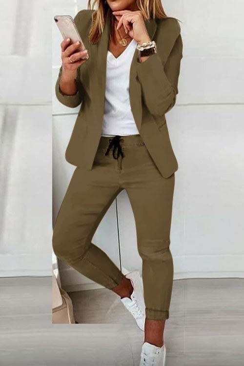 Women's cotton-blend blazer and elastic-waist pants suit set in neutral tones, polished casual style