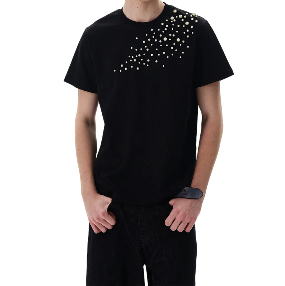Men's white cotton crew neck casual tee with scattered faux pearl bead clusters across chest