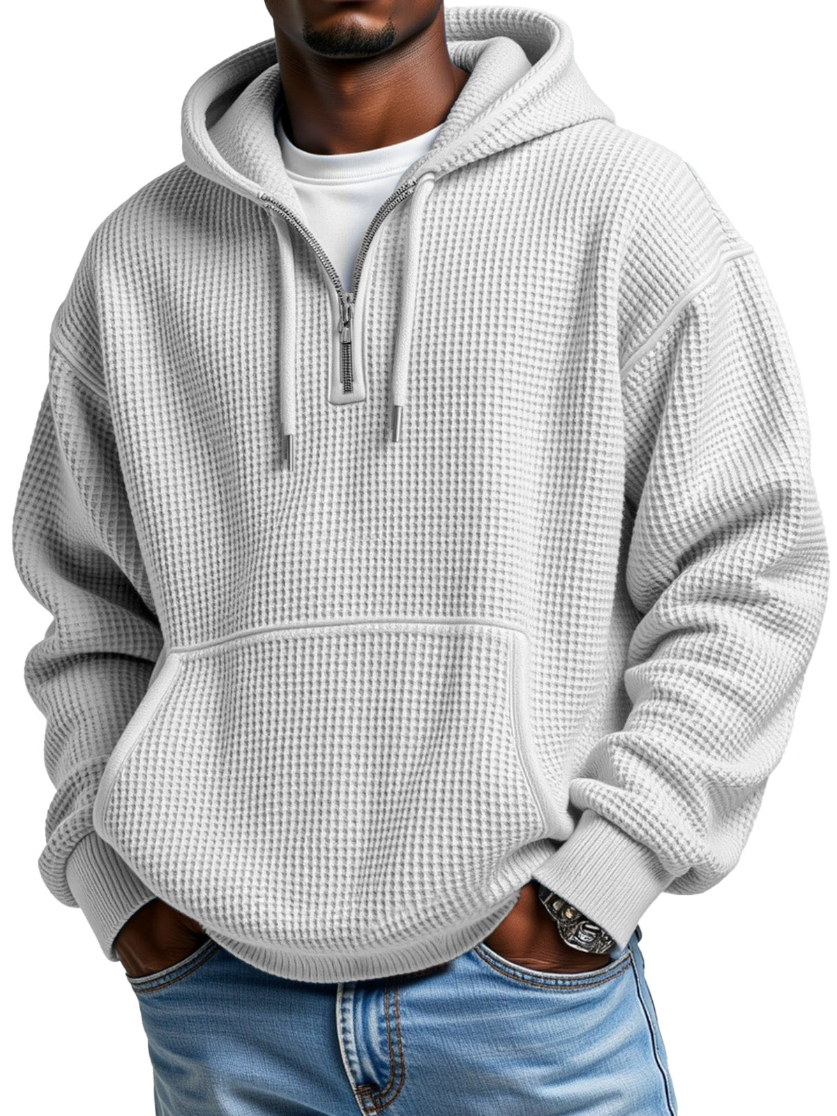 Men's winter hoodie half-zip with hood, waffle texture, front pocket, casual everyday fit