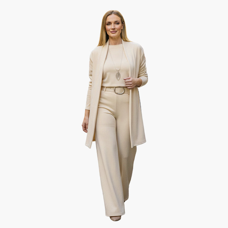 Women's three-piece business suit black blazer coordinated top tailored trousers with matching belt