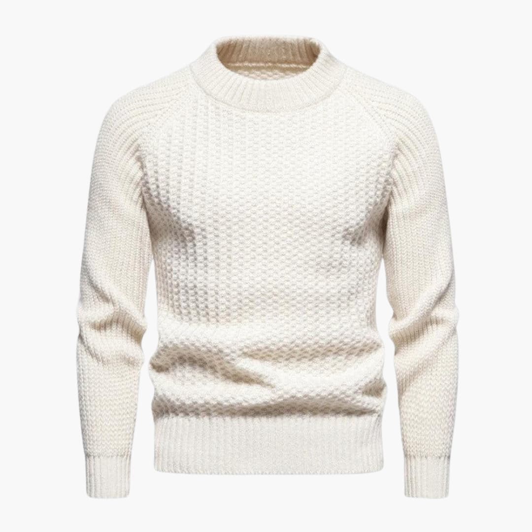 Men's camel waffle knit round neck sweater with ribbed cuffs, casual all-season layering piece