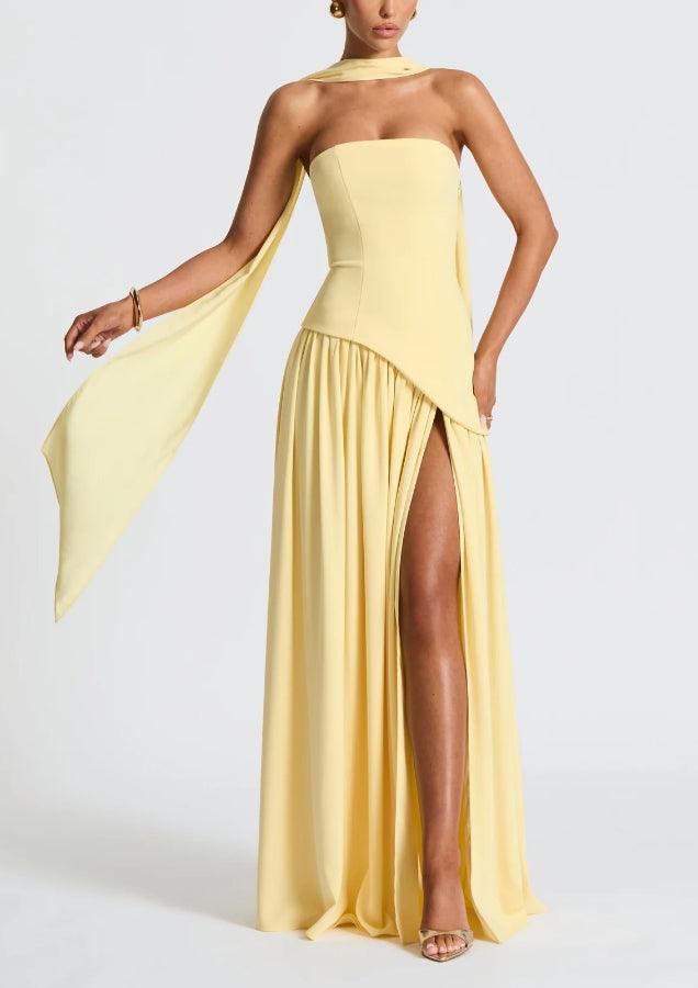 Plum brown strapless crepe maxi dress with asymmetrical chiffon skirt and thigh-high slit